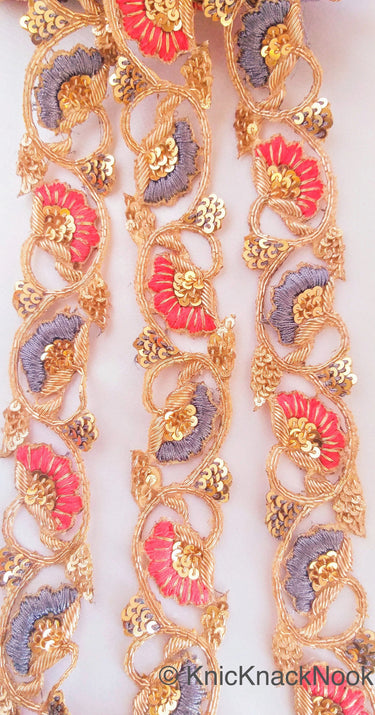 Hand Embroidered Lace Trim In Grey and Orange Floral Embroidery, Gold Sequins and Antique Gold Zardozi, Wedding